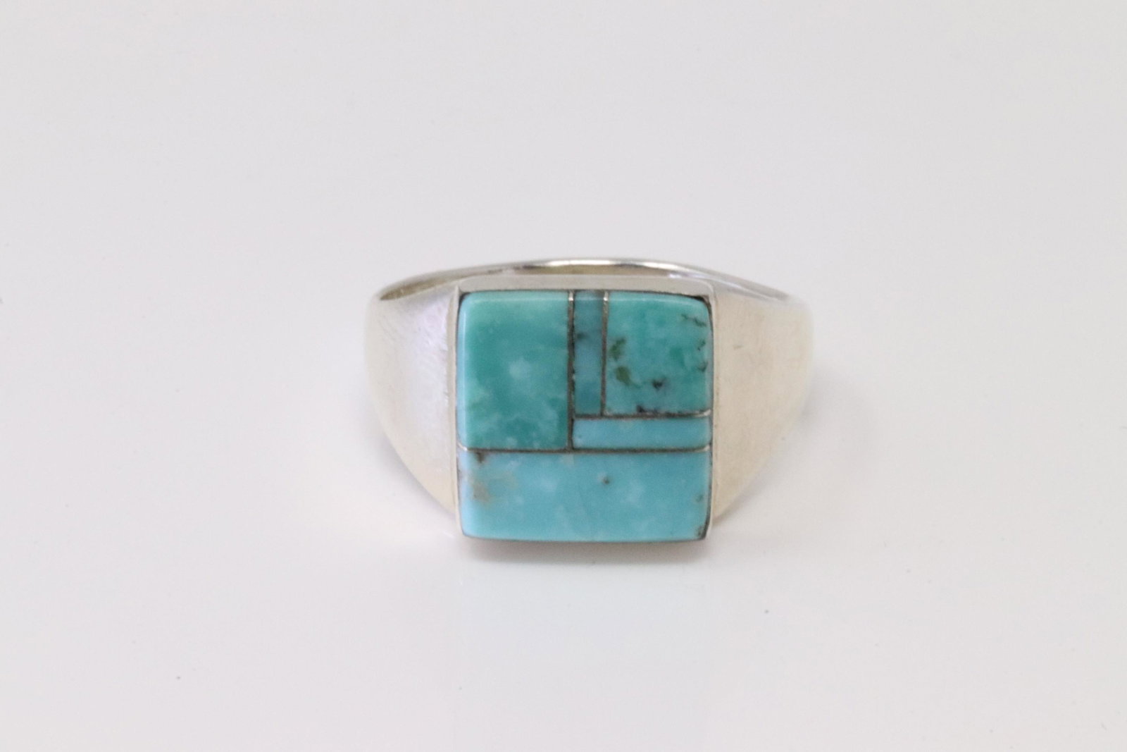 Native America Zuni Handmade Sterling Silver Turquoise Ring Inlay By P.L. (1 of 4)