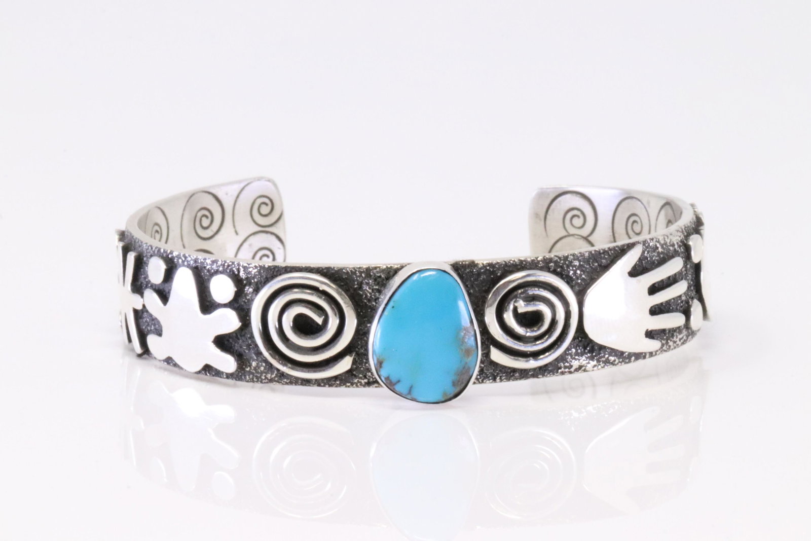 Native American Navajo Sterling Silver Turquoise Petroglyph Symbols Bracelet By Alex Sanchez.: This is a Native American Navajo Sterling Silver Turquoise Petroglyph Symbols Bracelet By Alex Sanchez.