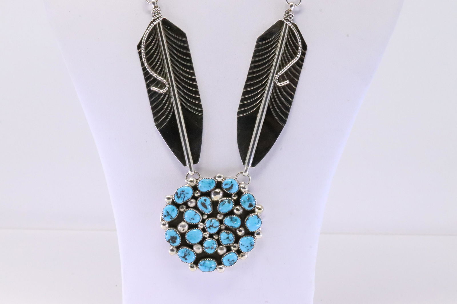 Native America Navajo Sterling Silver Turquoise Feather Necklace By M.B. (1 of 4)