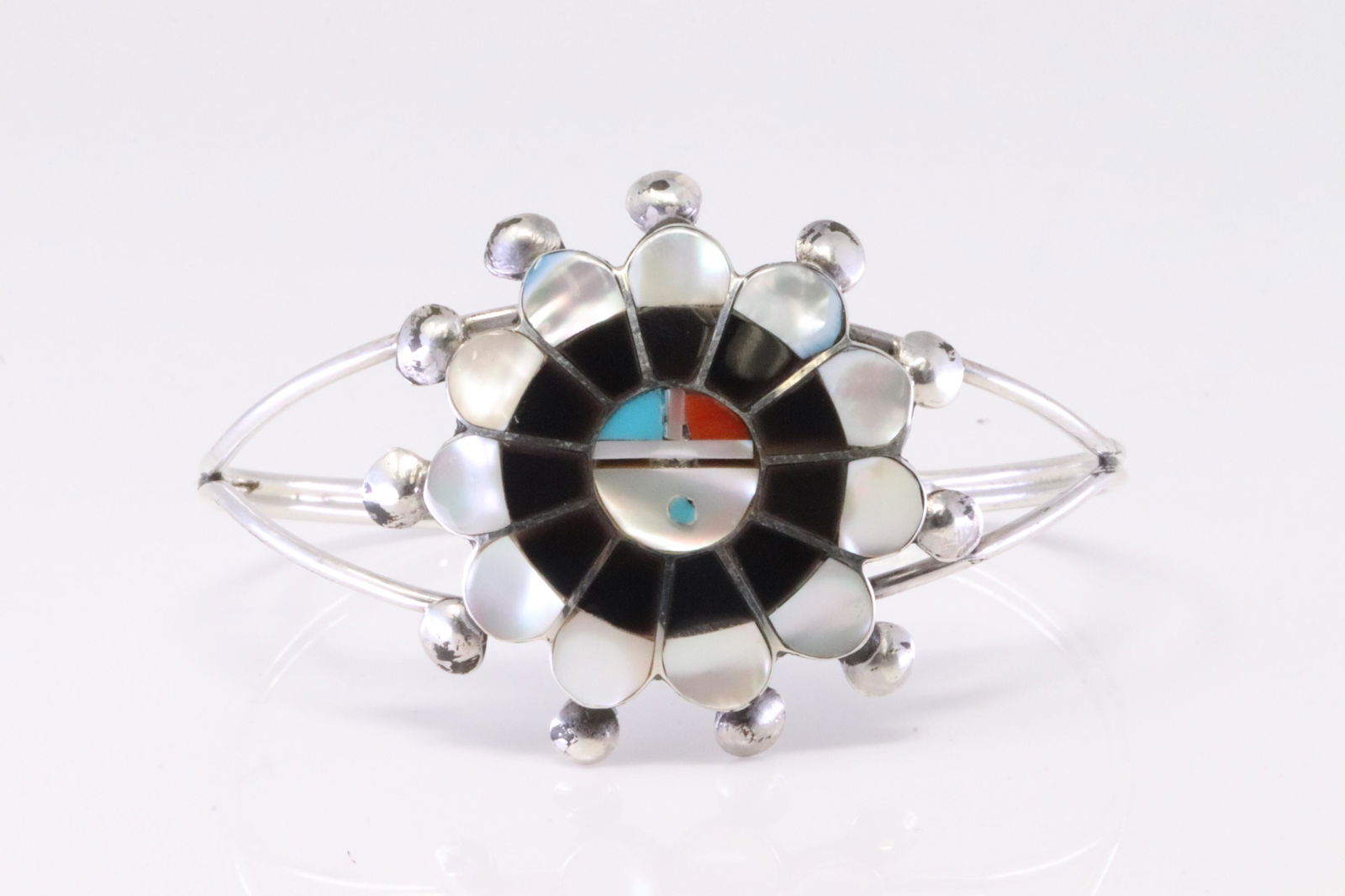 Native America Zuni Sterling Silver Multi-Color Sunface Inlay Bracelet By P.L. (1 of 4)