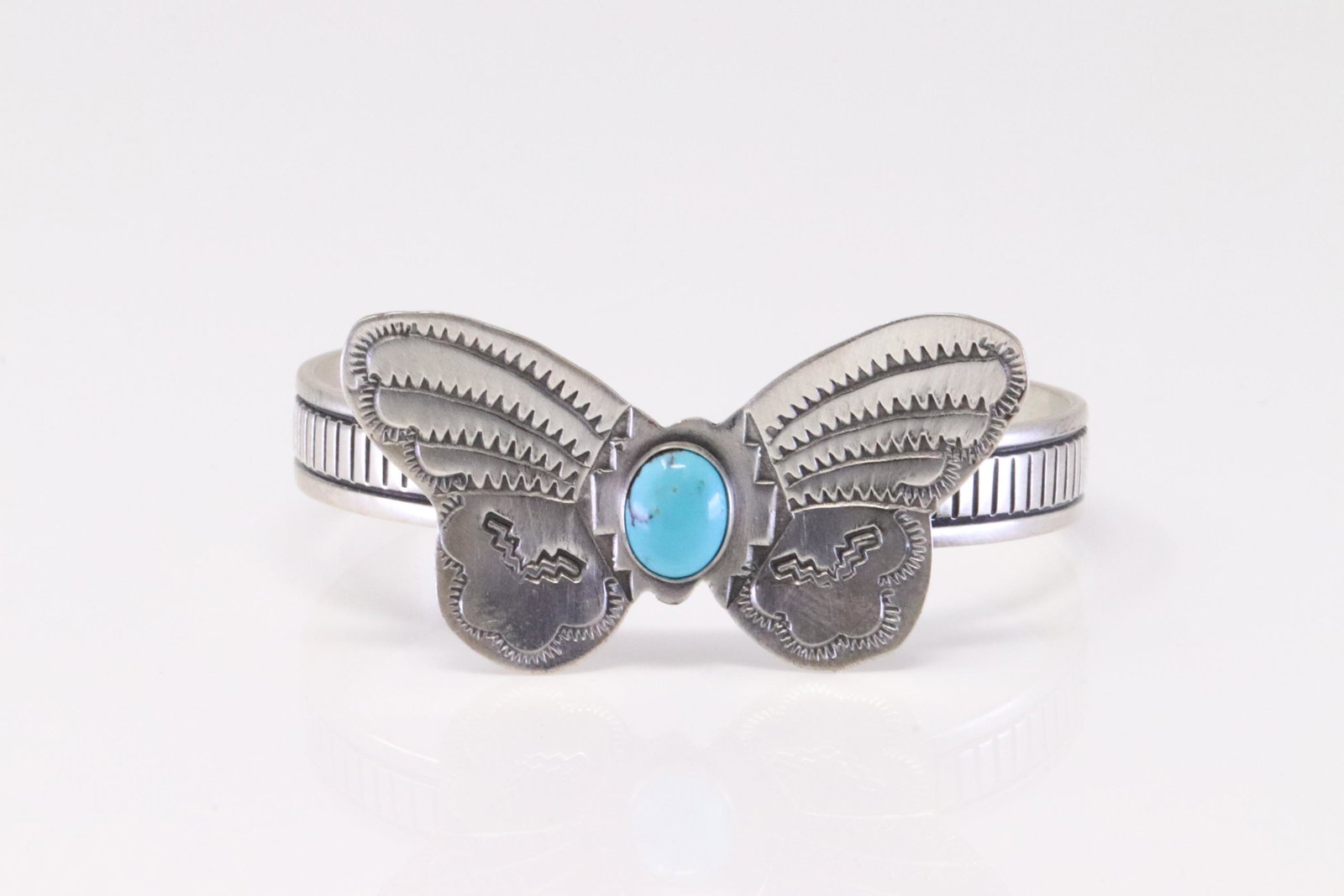 Native America Navajo Sterling Silver Kingman Turquoise Butterfly Bracelet By Rick Enriquez.: This is a Native America Navajo Sterling Silver Kingman Turquoise Butterfly Bracelet By Rick Enriquez.