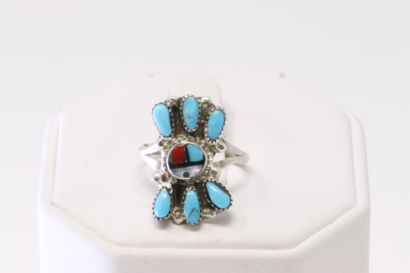 Native America Zuni Sterling Silver Multi-Color Inlay Sunface Ring By E.A. (1 of 4)