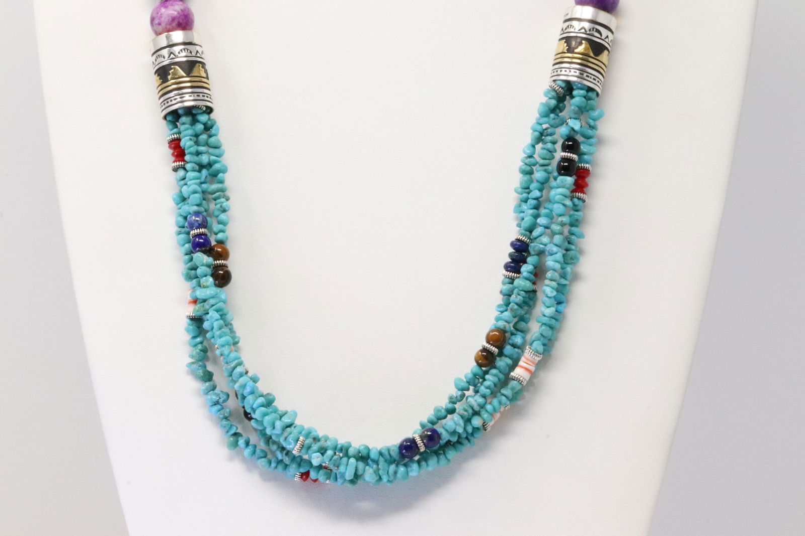 Multi-Color Stone / Turquoise Sterling Silver 5 Strand Necklace By T&R Singer. (1 of 4)