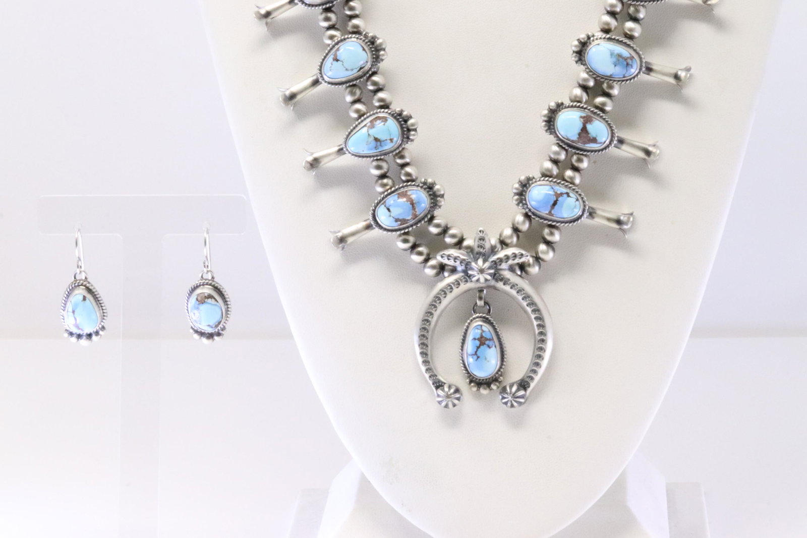 Native America Navajo Sterling Silver Golden Hills Turquoise Squash Blossom Necklace & Earring's Set: This is a Native America Navajo Sterling Silver Golden Hills Turquoise Squash Blossom Necklace & Earring's Set By Thomas Francisco. Necklace length: 26.00"