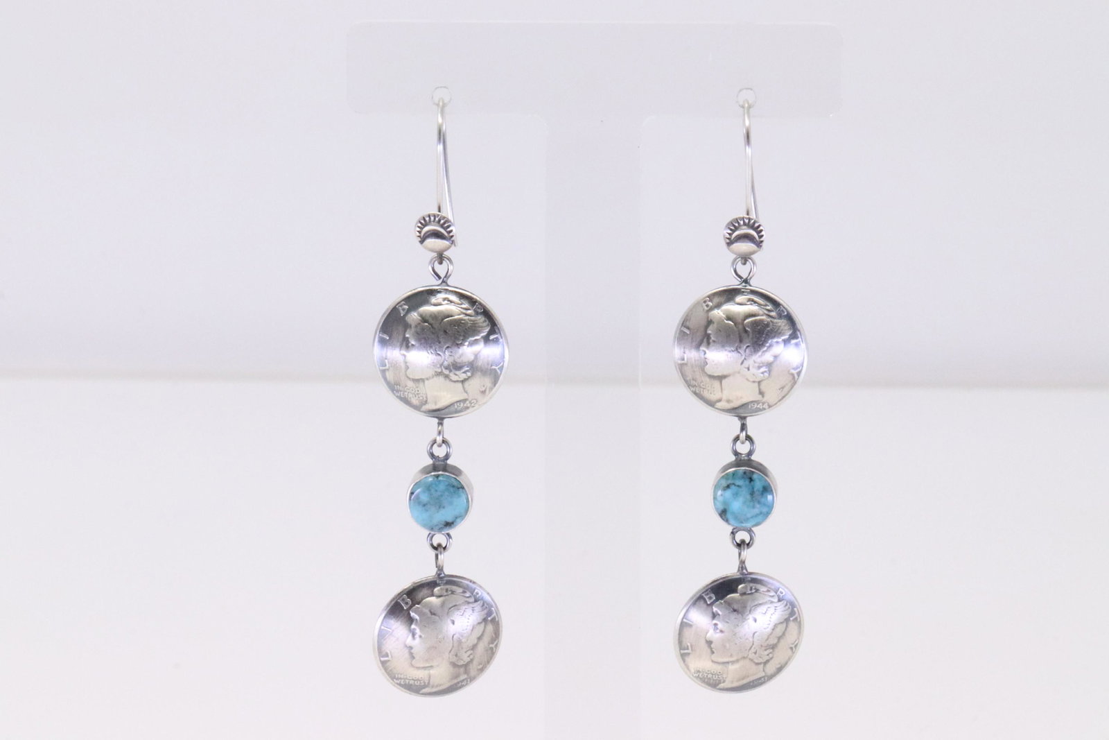 Native America Navajo Sterling Silver Liberty Dime Turquoise Dangling Earring's By James McCabe.: This is a Native America Navajo Sterling Silver Liberty Dime Turquoise Dangling Earring's By James McCabe.