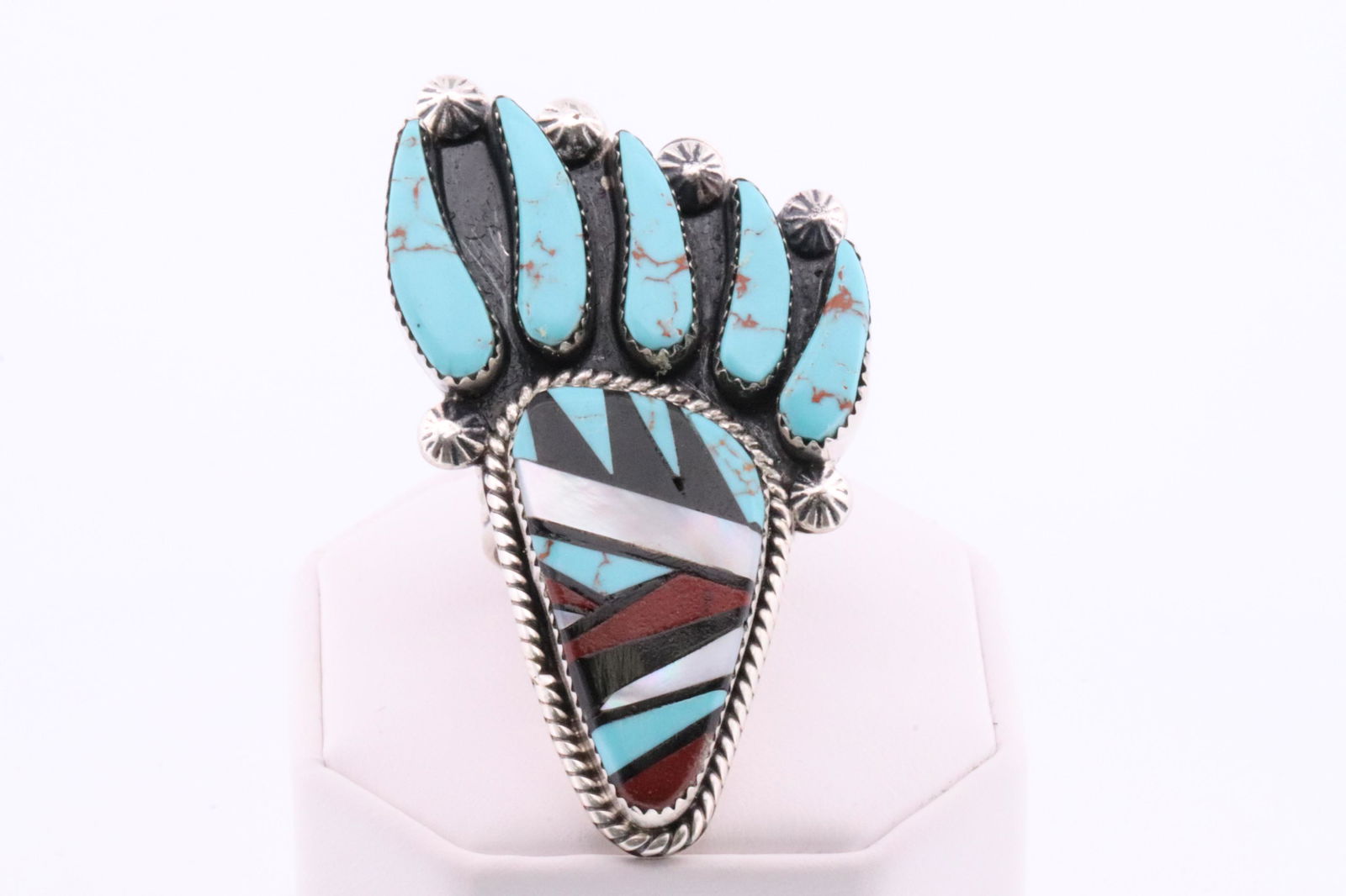 Native America Navajo Sterling Silver Bear Paw Multi-Color Inlay Ring By B.L. (1 of 4)