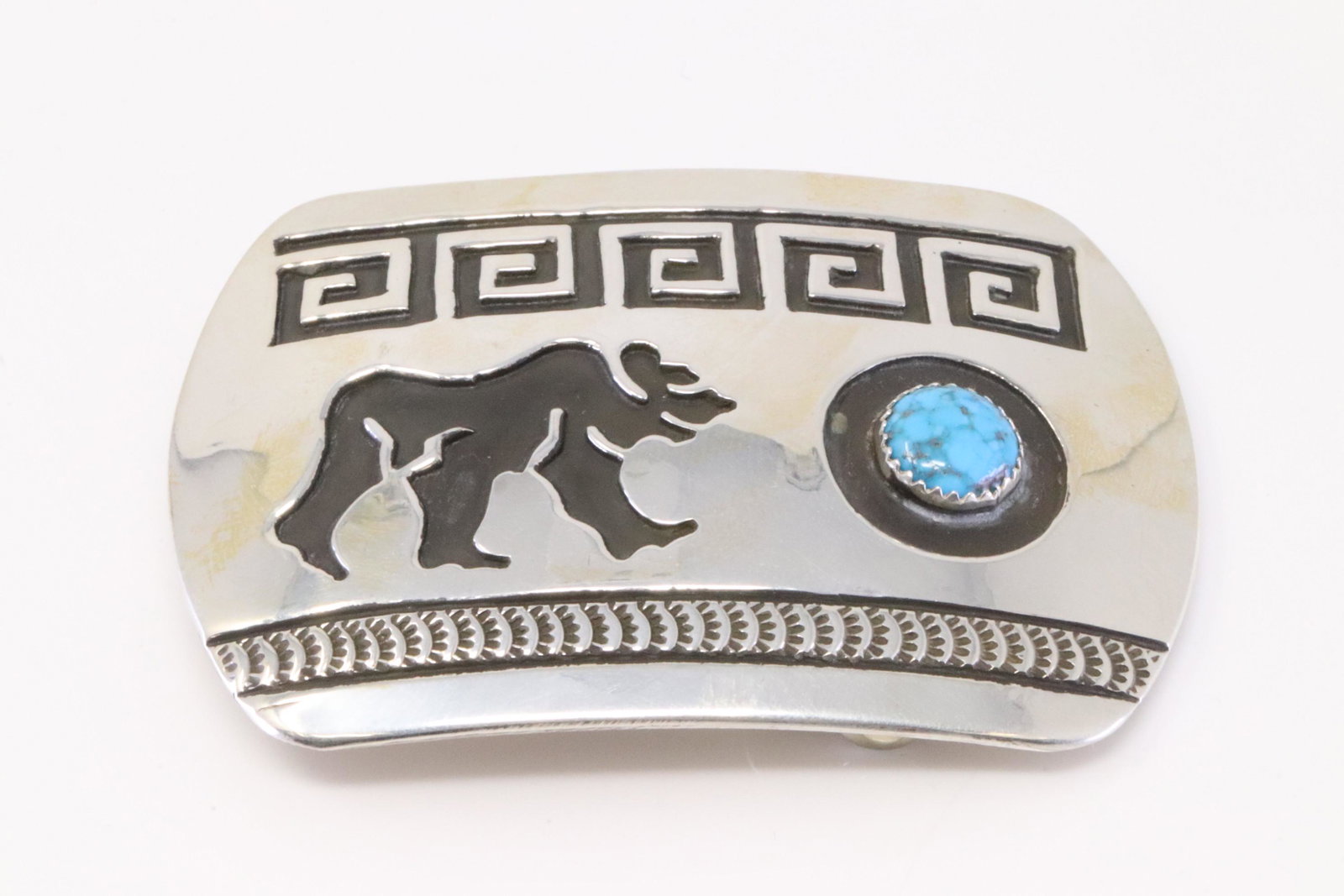 Native America Navajo Sterling Silver Turquoise Belt Buckle Walking Bear Cuff By Rosco Scott.: This is a Native America Navajo Sterling Silver Turquoise Belt Buckle Walking Bear Cuff By Rosco Scott.