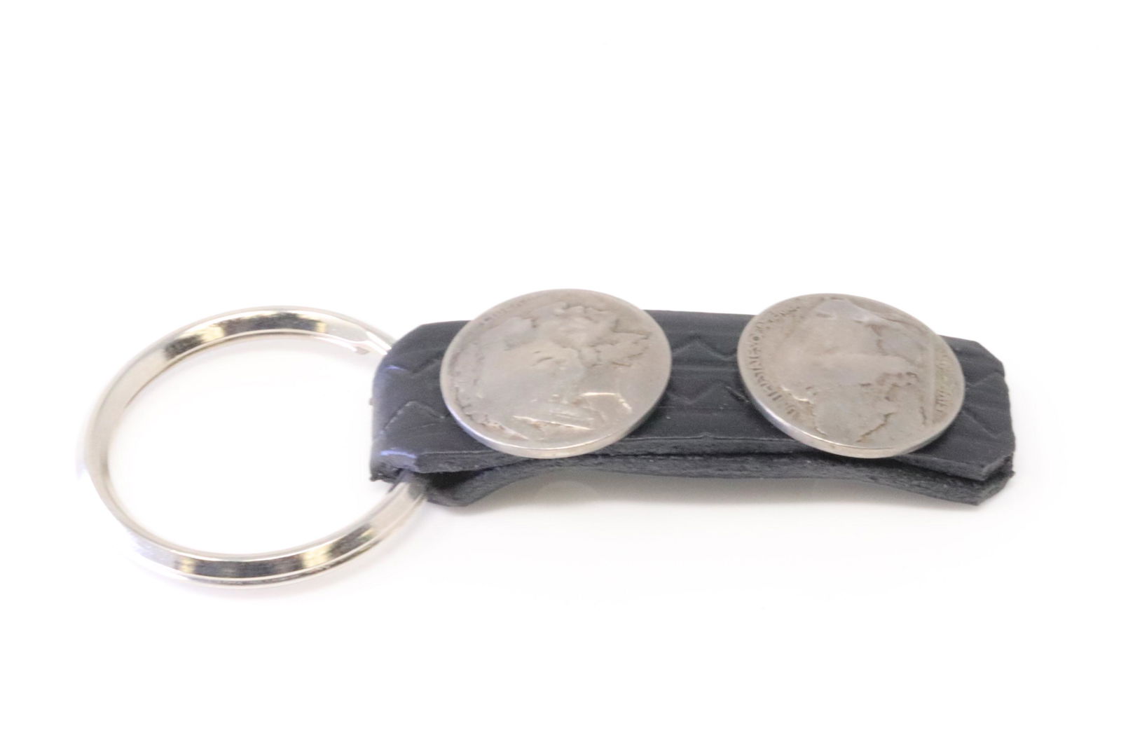 Native America Navajo Sterling Silver Double Buffalo Nickel Leather Strap Key Ring. (1 of 3)