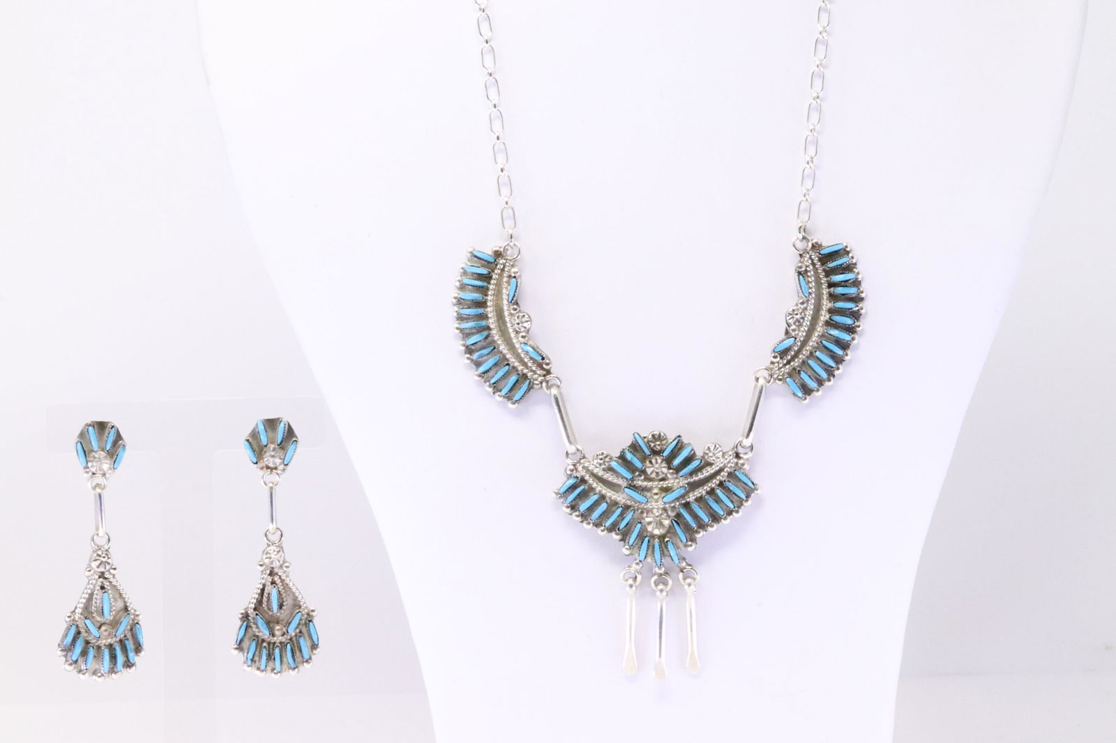 Native American Zuni Sterling Silver Turquoise Necklace & Earring's Set By Evangeline Wyaco. (1 of 7)