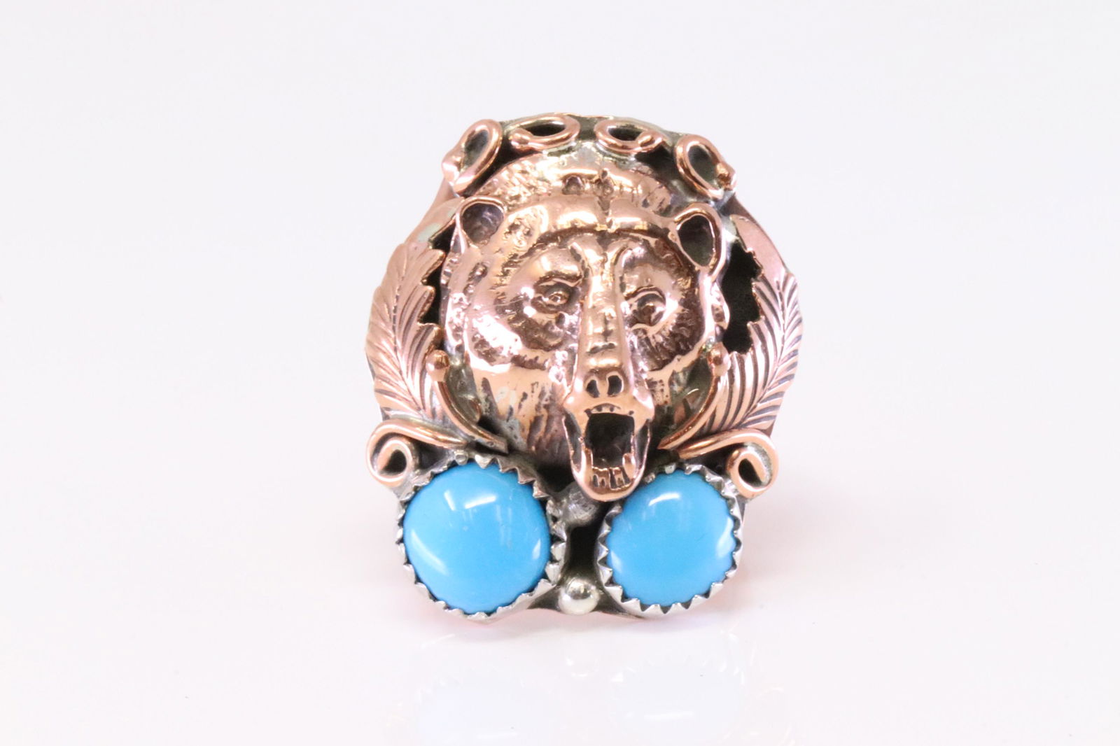 Native America Navajo Sterling Silver Copper & Turquoise Bear Ring By C.U. (1 of 4)