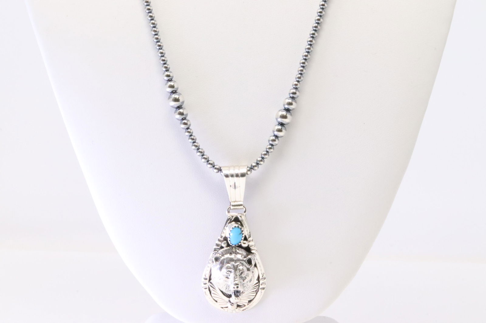 Native America Navajo Sterling Silver Turquoise Bear Pendant By Henry Attakai. With Beaded Sterling (1 of 4)