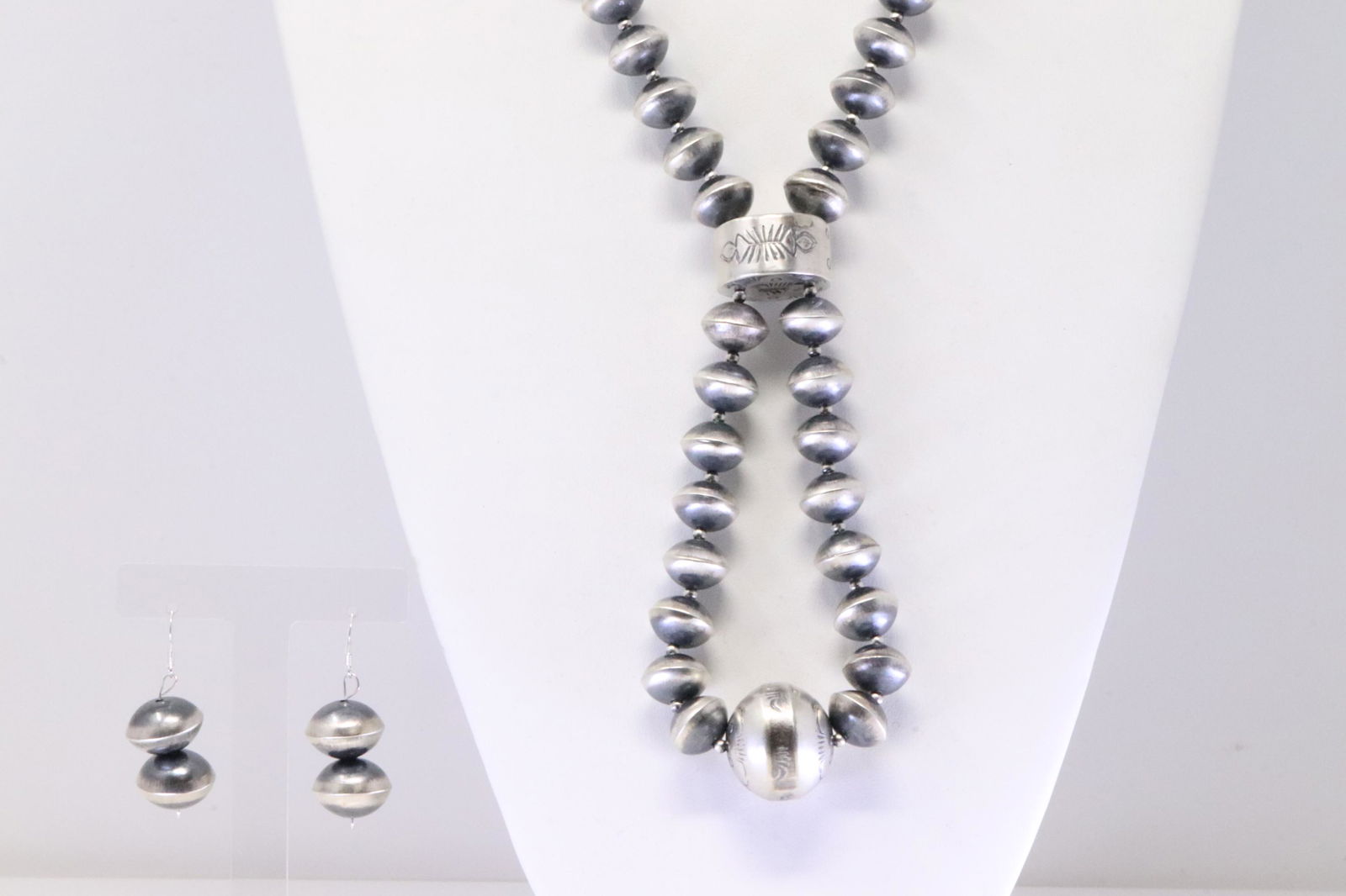 Native America Navajo Sterling Silver Disc & Barrel Beaded Necklace & Earring's Set By T.N. (1 of 5)