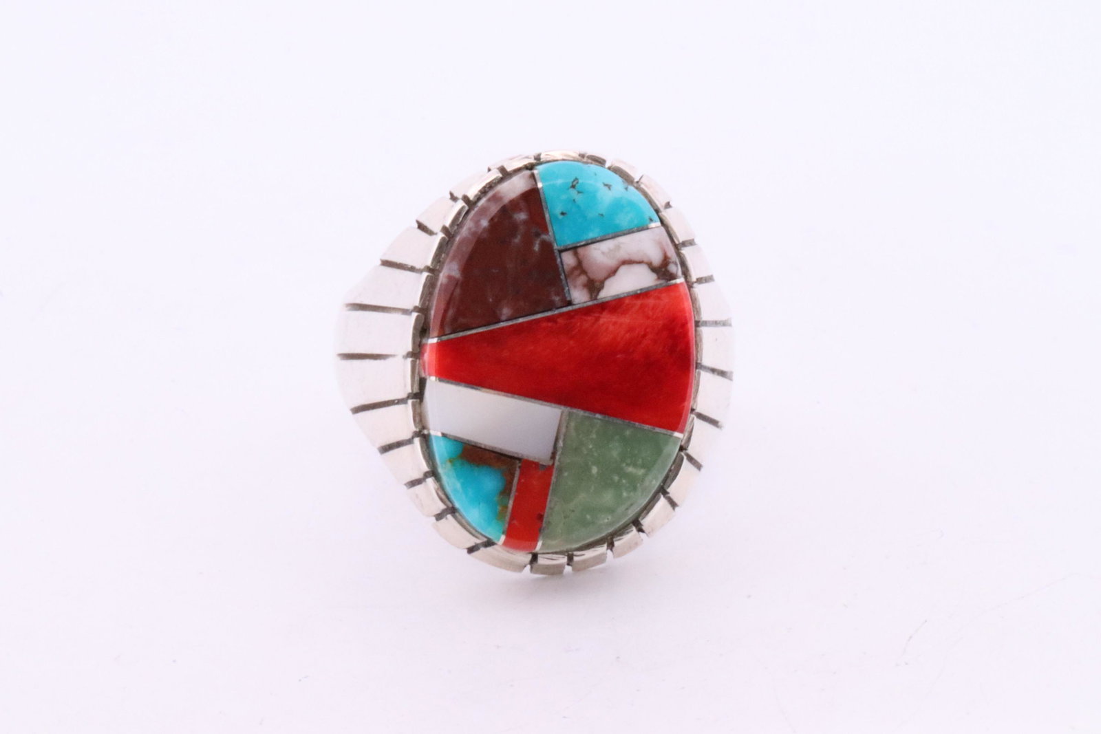 Native America Navajo Sterling Silver Multi-Color Inlay Ring By R.: This is a Native America Navajo Sterling Silver Multi-Color Inlay Ring By R. Ring size: 11.50.