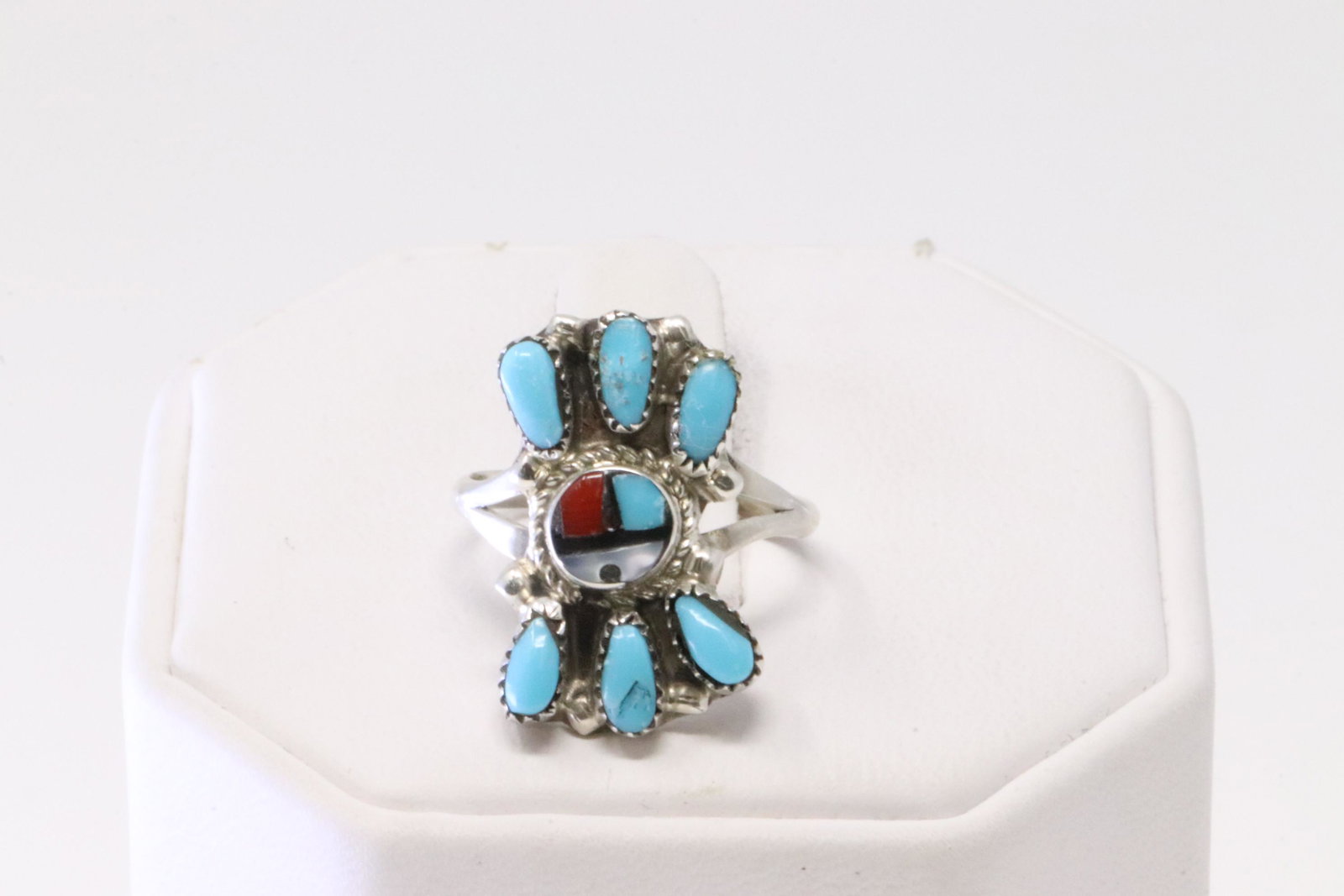 Native America Zuni Sterling Silver Multi-Color Inlay Sunface Ring By E.A. (1 of 4)