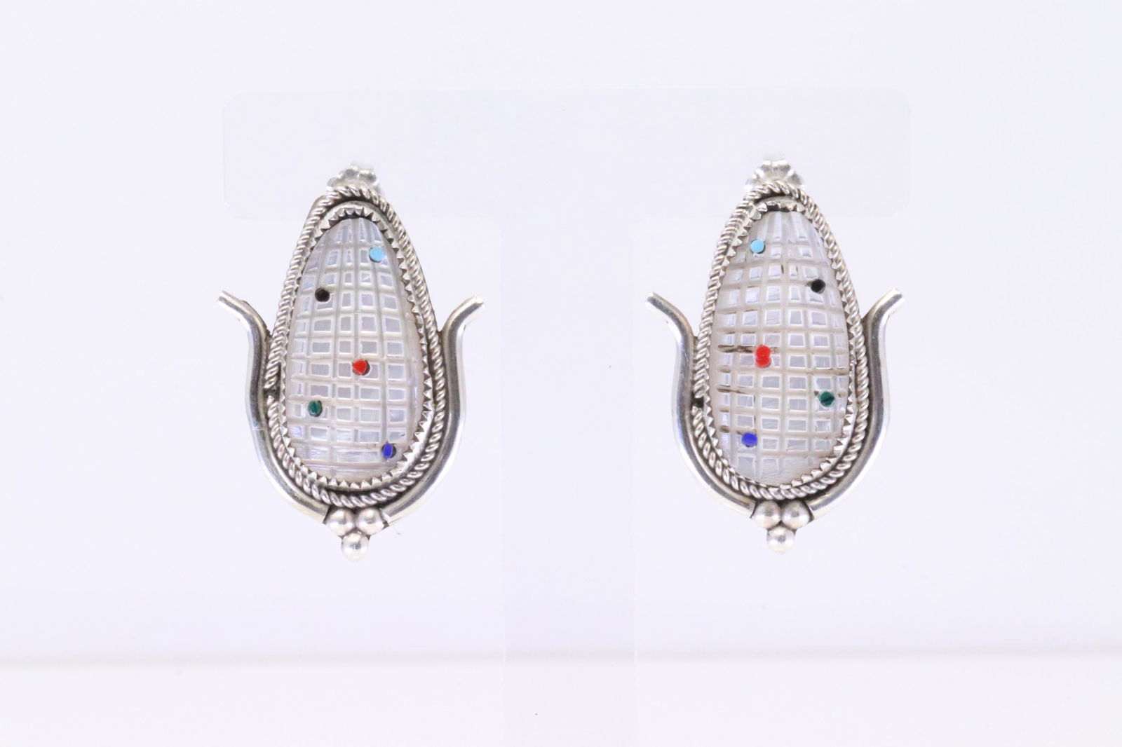 Native America Zuni Sterling Silver Multi-Color Stone Corn Post Earring's By T.E.B. (1 of 4)