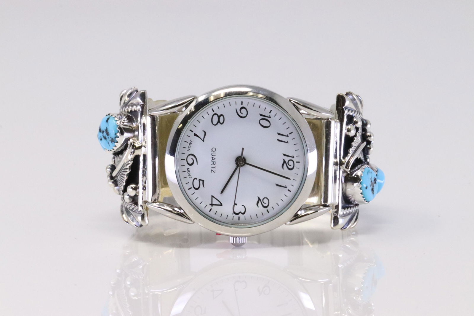 Native American Turquoise Navajo Sterling Silver Watch Tips Mens Stretch Band By C.F. (1 of 6)