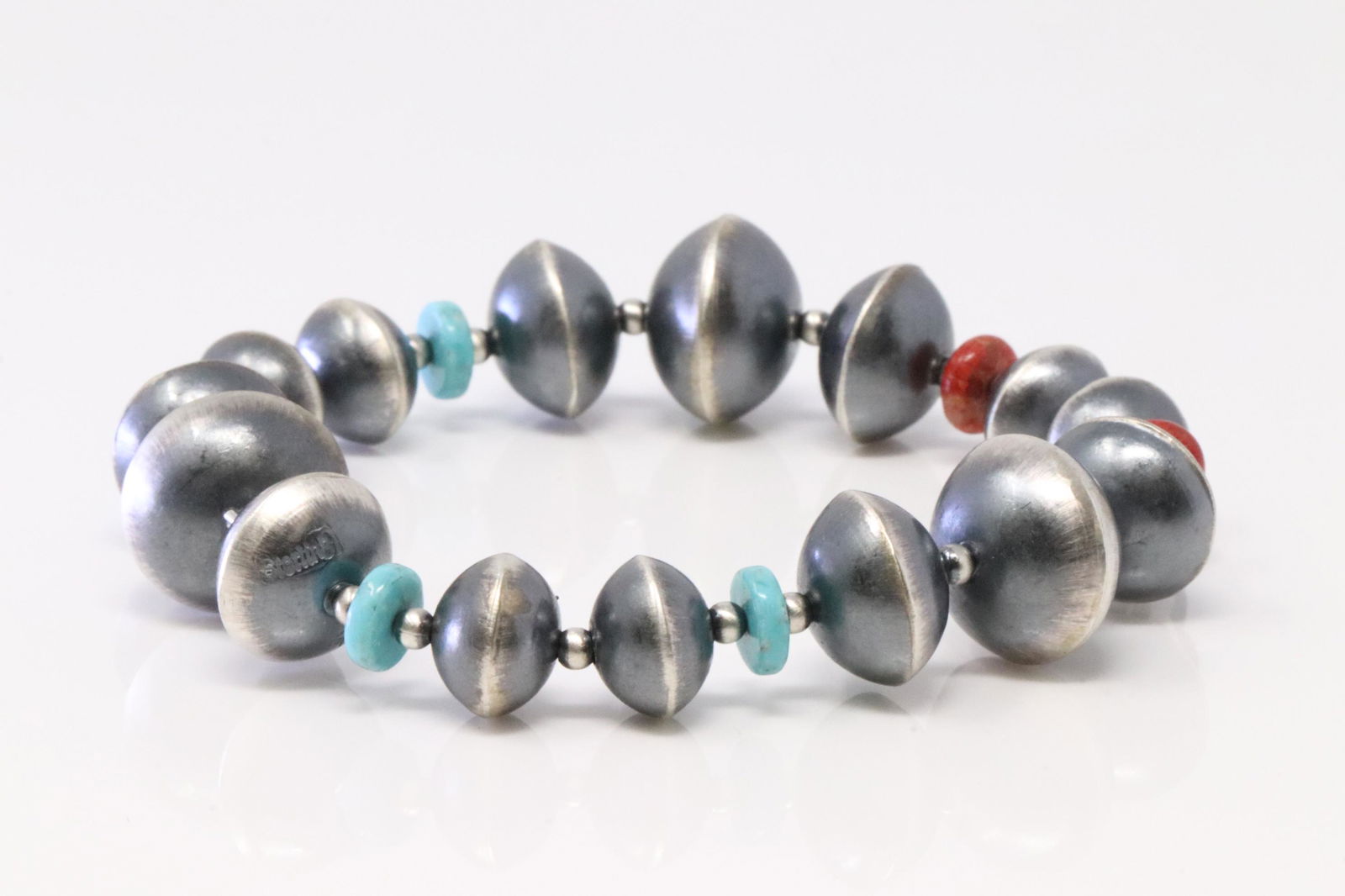 Native America Navajo Sterling Silver Spiny & Turquoise Pearl Beaded Stretch Bracelet. (1 of 4)