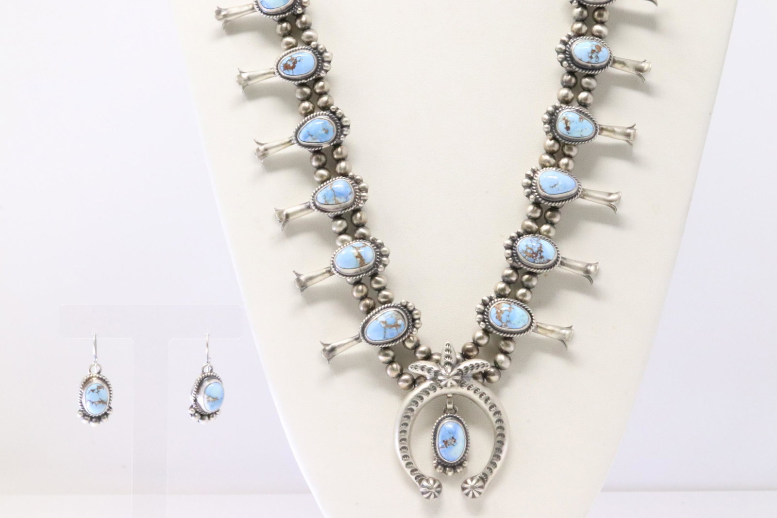 Native America Navajo Sterling Silver Golden Hills Turquoise Squash Blossom Necklace & Earring's Set: This is a Native America Navajo Sterling Silver Golden Hills Turquoise Squash Blossom Necklace & Earring's Set By Thomas Francisco. Necklace length: 26.00"