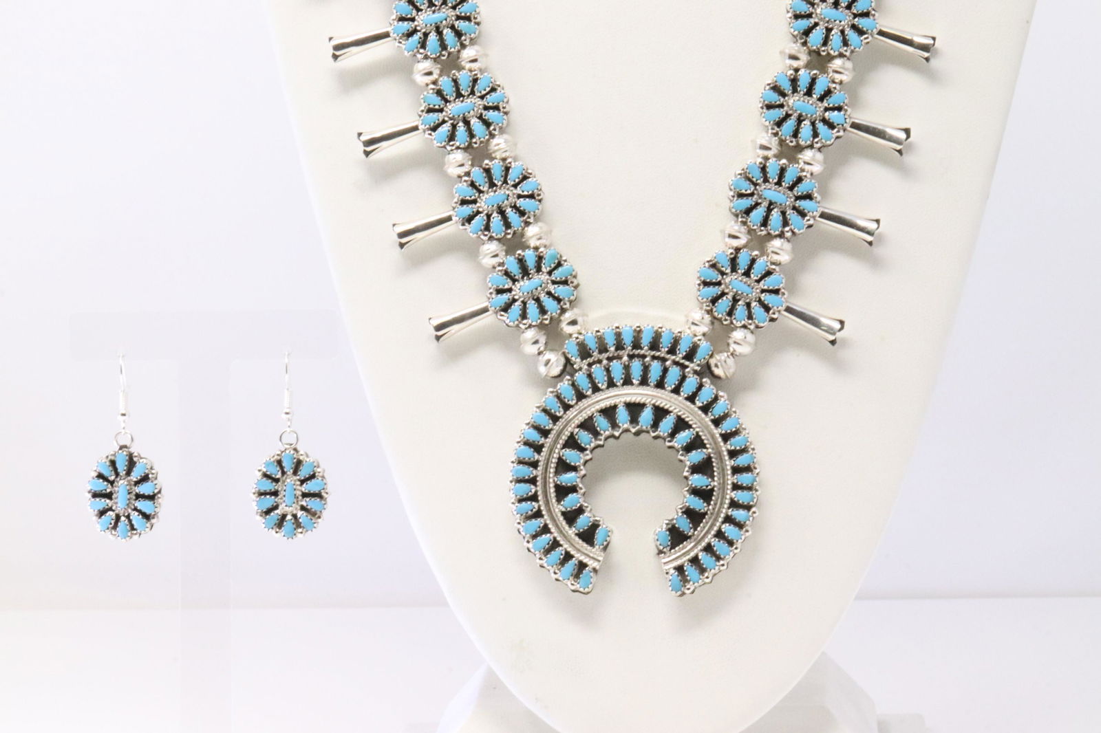Native America Zuni Sterling Silver Synthetic White & Turquoise Nidle Point Squash Blossom Necklace (1 of 6)
