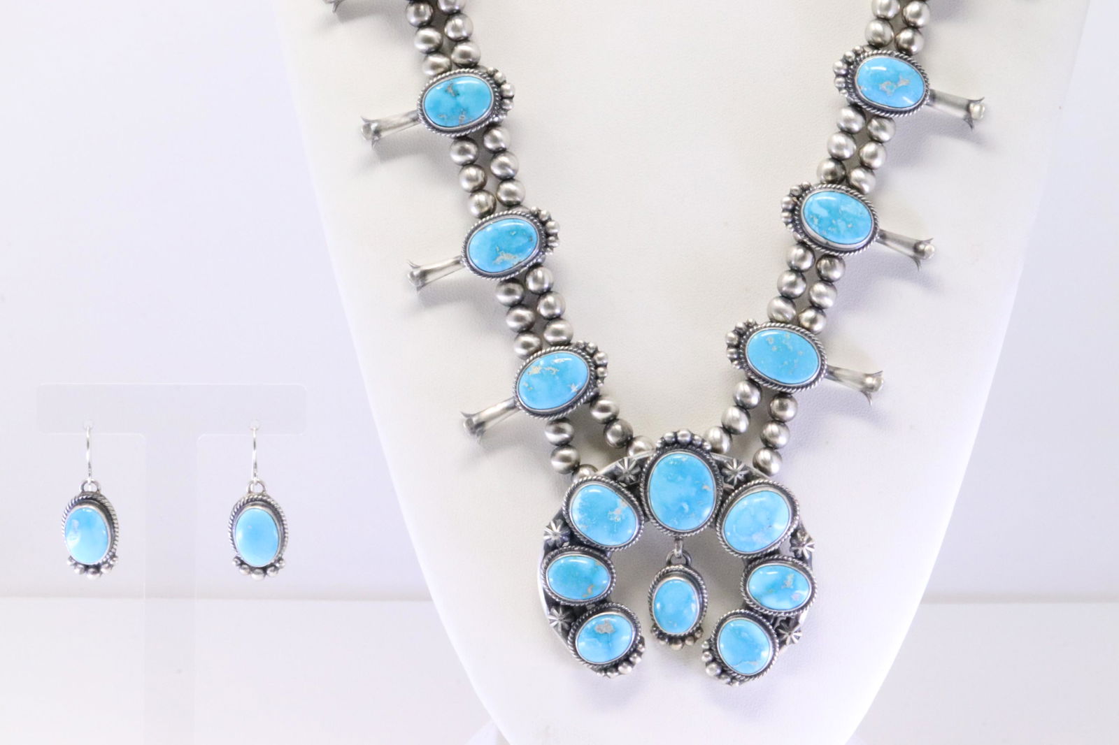 Native American Navajo Sterling Silver Turquoise Squash Blossom Necklace & Earring's Set By Thomas (1 of 8)