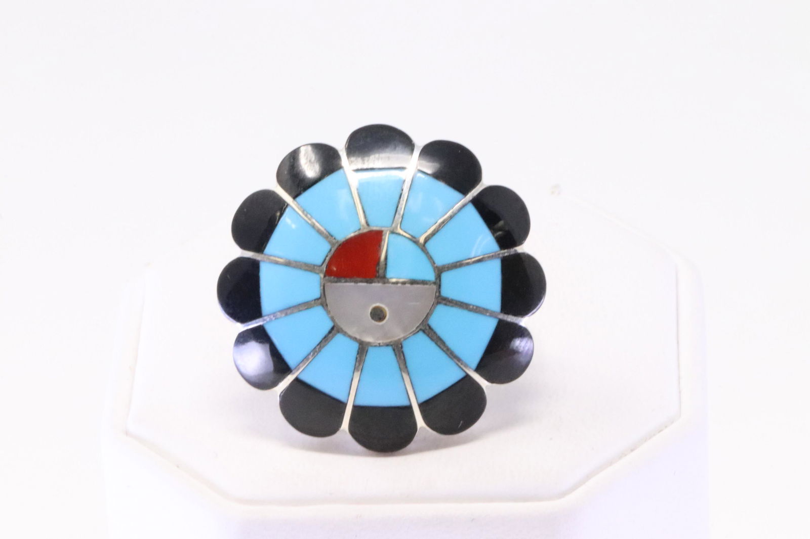 Native America Zuni Sterling Silver Multi-Color Inlay Sunface Ring By F.D.S. (1 of 4)
