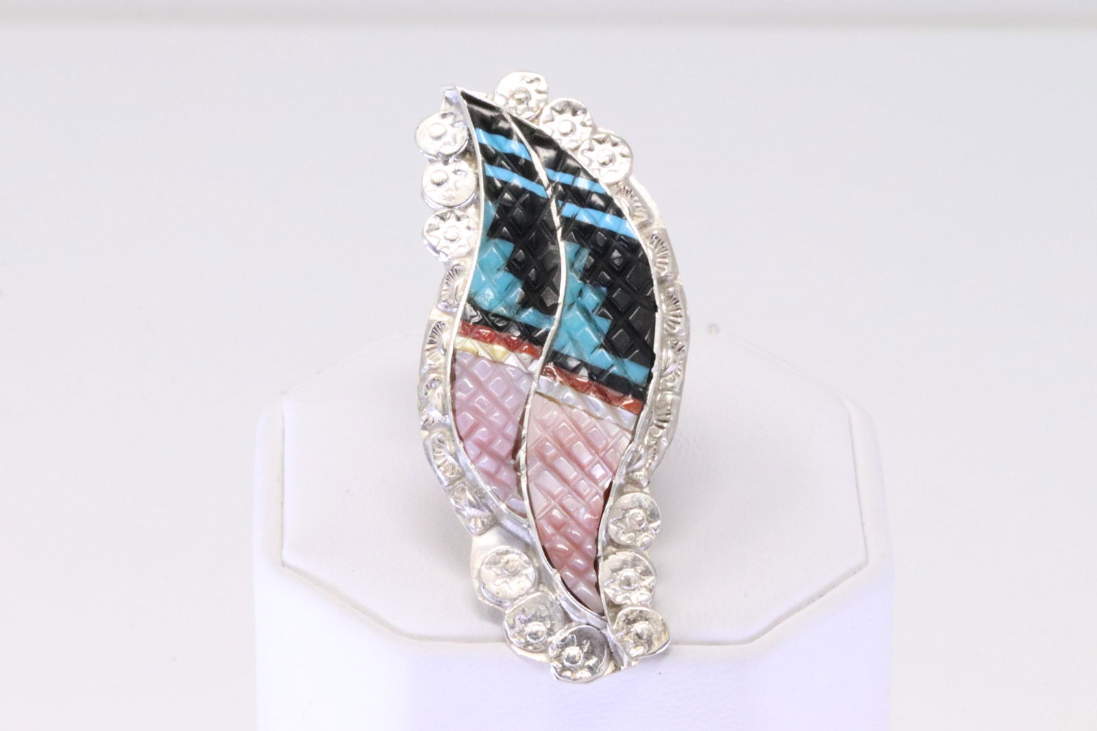 Native American Zuni Sterling Silver Multi-Color Inlay Ring By E.M. (1 of 4)