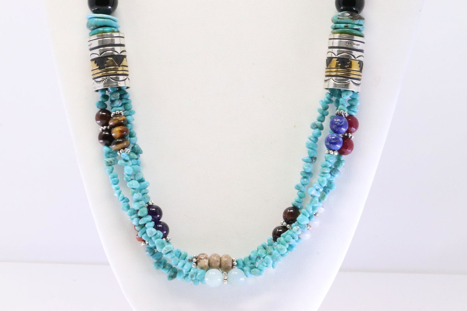 Native America Navajo Sterling Silver 4 Strand Multi-Color Stone Necklace By T&R Singer. (1 of 4)
