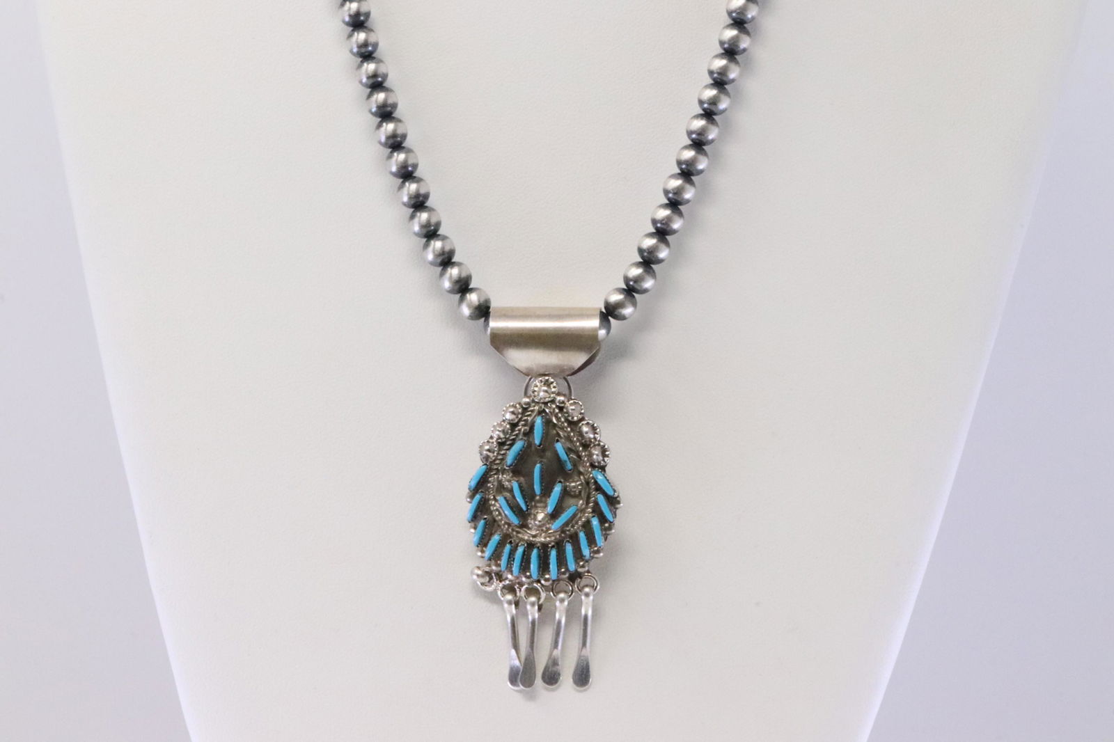 Native America Zuni Sterling Silver Turquoise Pendant & Pearl Beaded Necklace By Eva.L.Wyaco. (1 of 4)