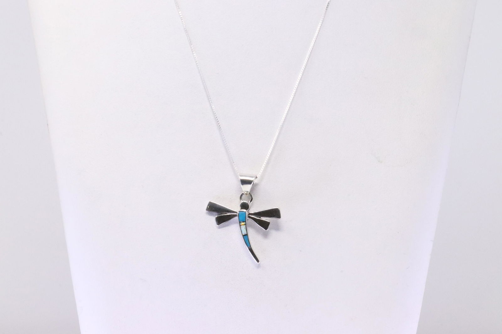 Native American Navajo Sterling Silver Opal & Turquoise Dragonfly Pendant & 925 Necklace By C.B. (1 of 4)