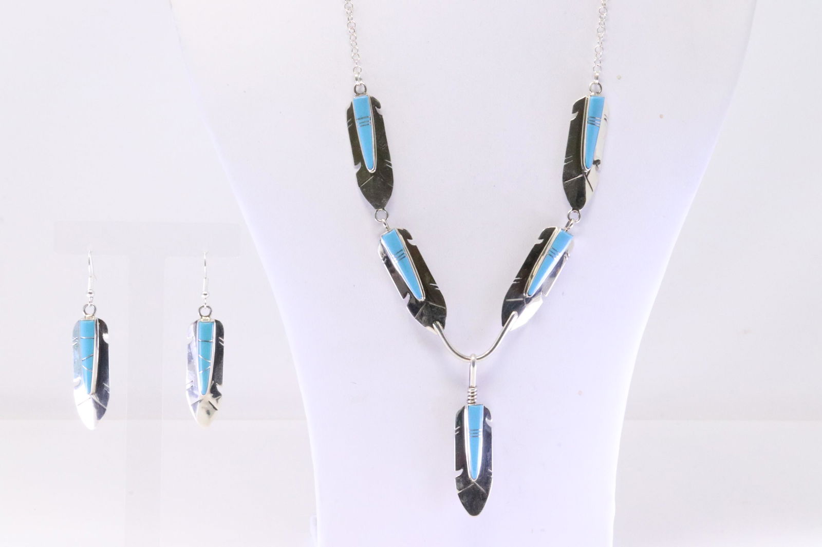 Native America Navajo Sterling Silver Turquoise Feather Necklace & Earring's Set By Y.Z. (1 of 5)