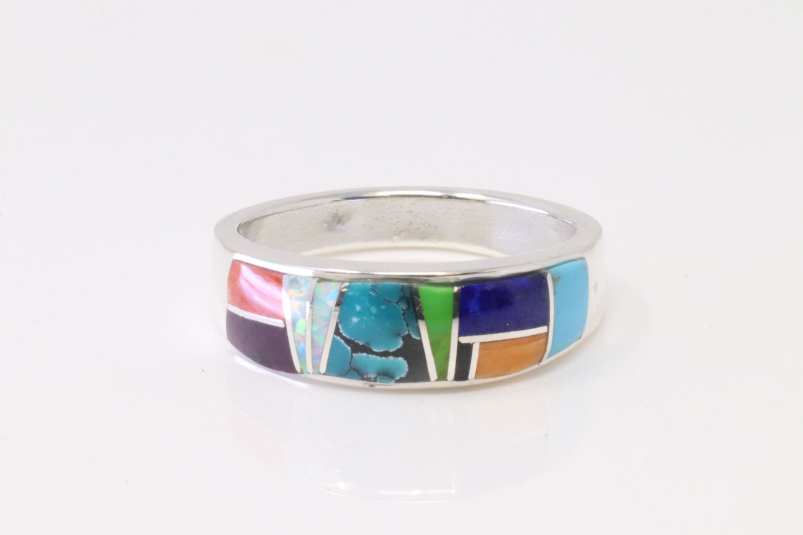 Native America Navajo Sterling Silver Multi-Color Inlay Ring By A.T.: This is a Native America Navajo Sterling Silver Multi-Color Inlay Ring By A.T. Ring size: 13.00.