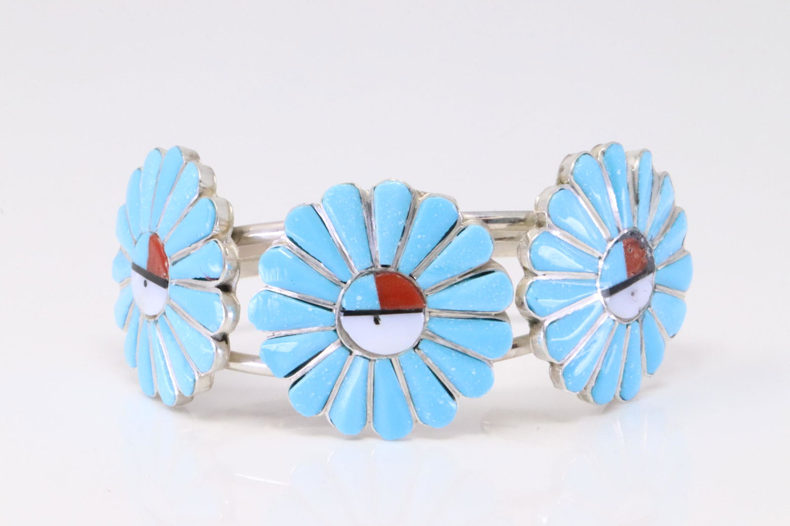 Native America Zuni Sterling Silver Multi-Color Sunface Inlay Bracelet. (1 of 4)