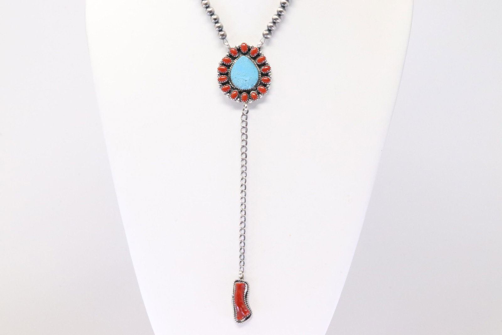 Native American Navajo Sterling Silver Coral / Turquoise Necklace By Tom Lewis.: This is a Native American Navajo Sterling Silver Coral / Turquoise Necklace By Tom Lewis. Necklace length: 18.00"