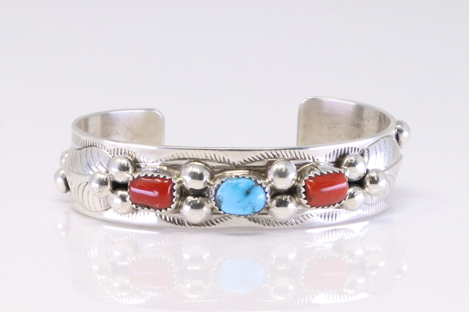 Native American Navajo Sterling Silver Coral / Turquoise Bracelet Cuff By Welbert Meyer. (1 of 4)
