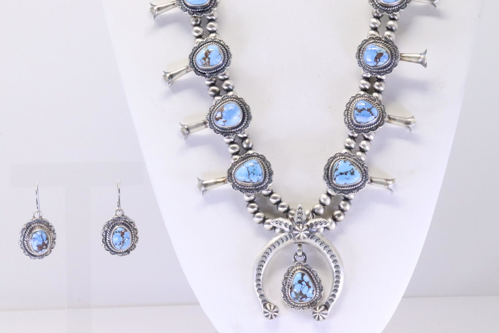Native America Navajo Sterling Silver Golden Hills Turquoise Squash Blossom Necklace & Earring's Set: This is a Native America Navajo Sterling Silver Golden Hills Turquoise Squash Blossom Necklace & Earring's Set By Thomas Francisco. Necklace length: 30.00" Total weight: 174.00 Grams.
