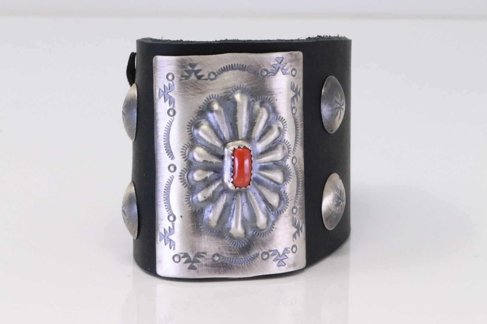 Native America Navajo Sterling Silver Bow Guard Coral Leather Bracelet By Dale Morgan. (1 of 4)
