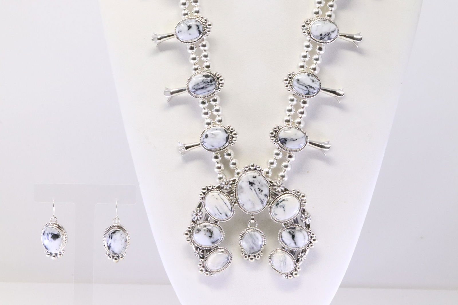 Native America Navajo Sterling Silver White Buffalo Squash Blossom Necklace & Earring's Set By (1 of 8)