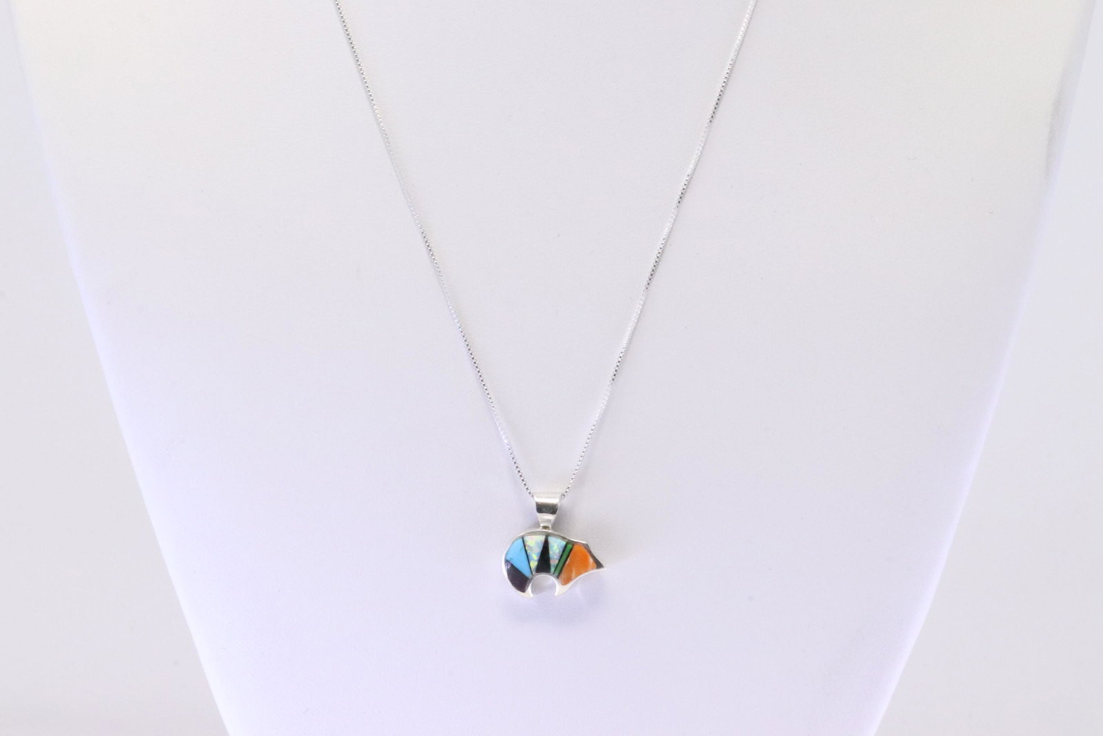 Native American Navajo Sterling Silver Multi-Color Bear Pendant with 925 Necklace. (1 of 4)