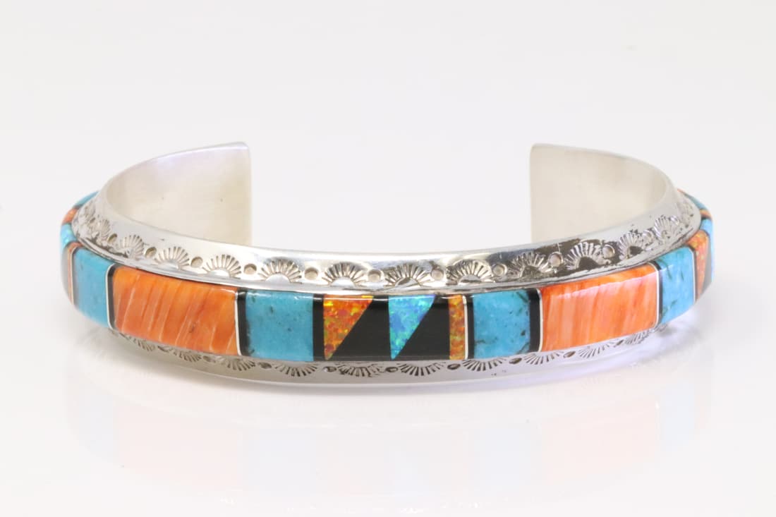 Native America Zuni Sterling Silver Multi-Color Inlay Barcelet By J.Douglas. (1 of 4)