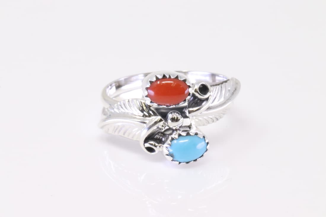 Native America Navajo Sterling Silver Coral & Turquoise Ring By Harry B.Yazzie.: This is a Native America Navajo Sterling Silver Coral & Turquoise Ring By Harry B.Yazzie. 6.50.