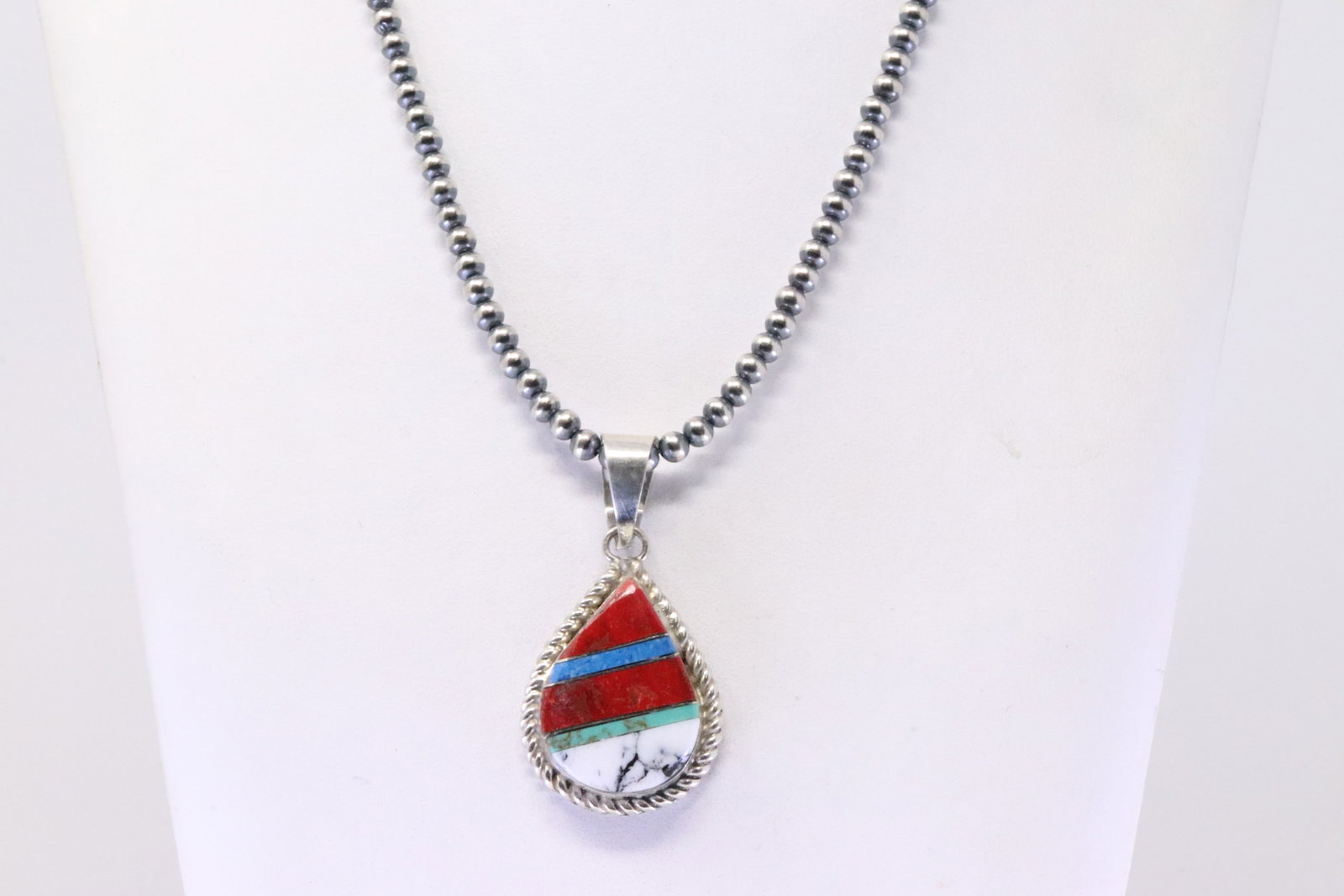 Native America Navajo Sterling Silver Multi-Color Stone Inlay Pendant By B.E. With Pearl Beaded (1 of 4)