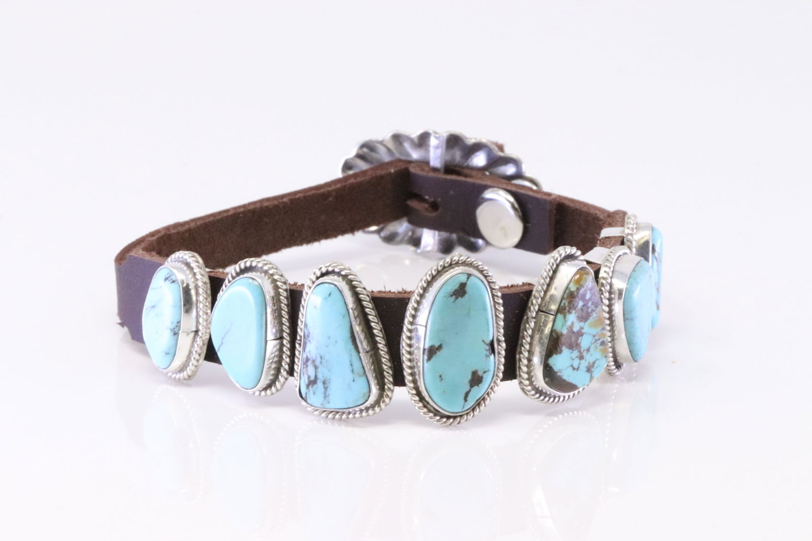Native America Navajo Sterling Silver Turquoise Leather Bracelet. (1 of 4)