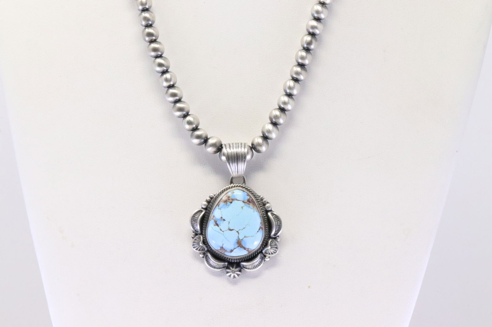 Native America Navajo Sterling Silver Golden Hills Turquoise Pendant By R.H.B. With Pear Beaded: This is a Native America Navajo Sterling Silver Golden Hills Turquoise Pendant By R.H.B. With Pear Beaded Sterling Silver Machine Made Necklace. Necklace length: 20.00"'