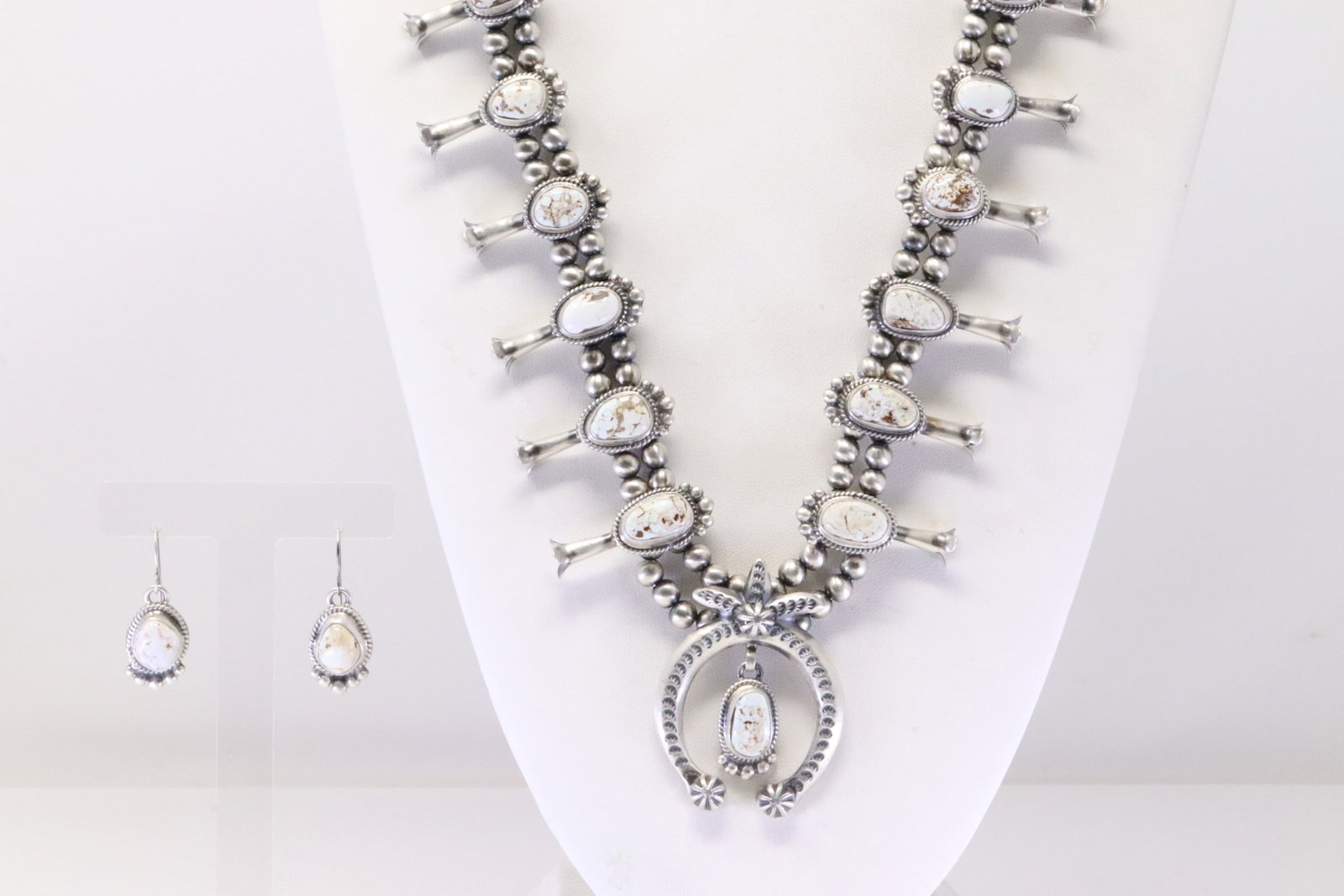 Native America Navajo Sterling Silver Golden Hills Turquoise Squash Blossom Necklace & Earring's Set: This is a Native America Navajo Sterling Silver Golden Hills Turquoise Squash Blossom Necklace & Earring's Set By Thomas Francisco. Necklace length: 26.00"