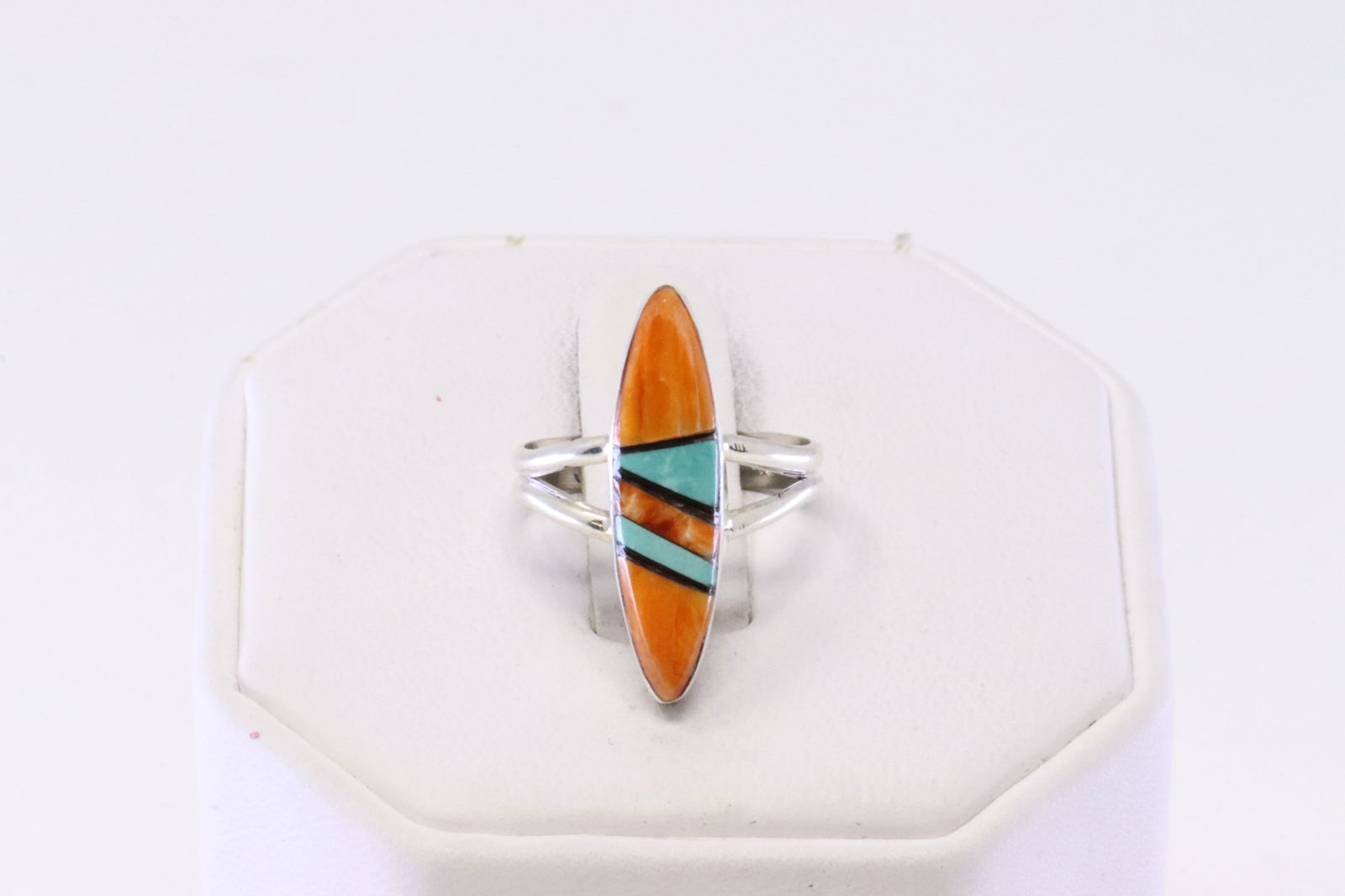 Native American Navajo Sterling Silver Multi-Color Inlay Ring By G.: This is a Native American Navajo Sterling Silver Multi-Color Inlay Ring By G. Ring size: 5.50.