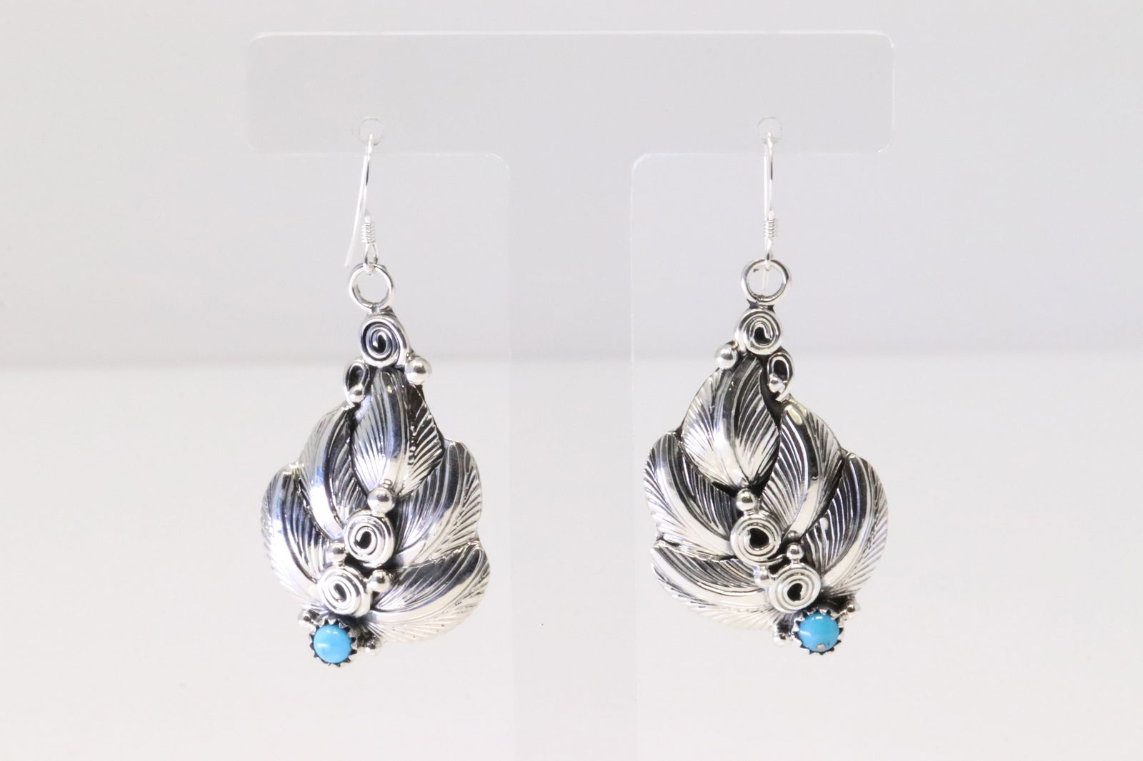 Native America Navajo Sterling Silver Turquoise Leaf Dangling Earring's By D.M. (1 of 4)
