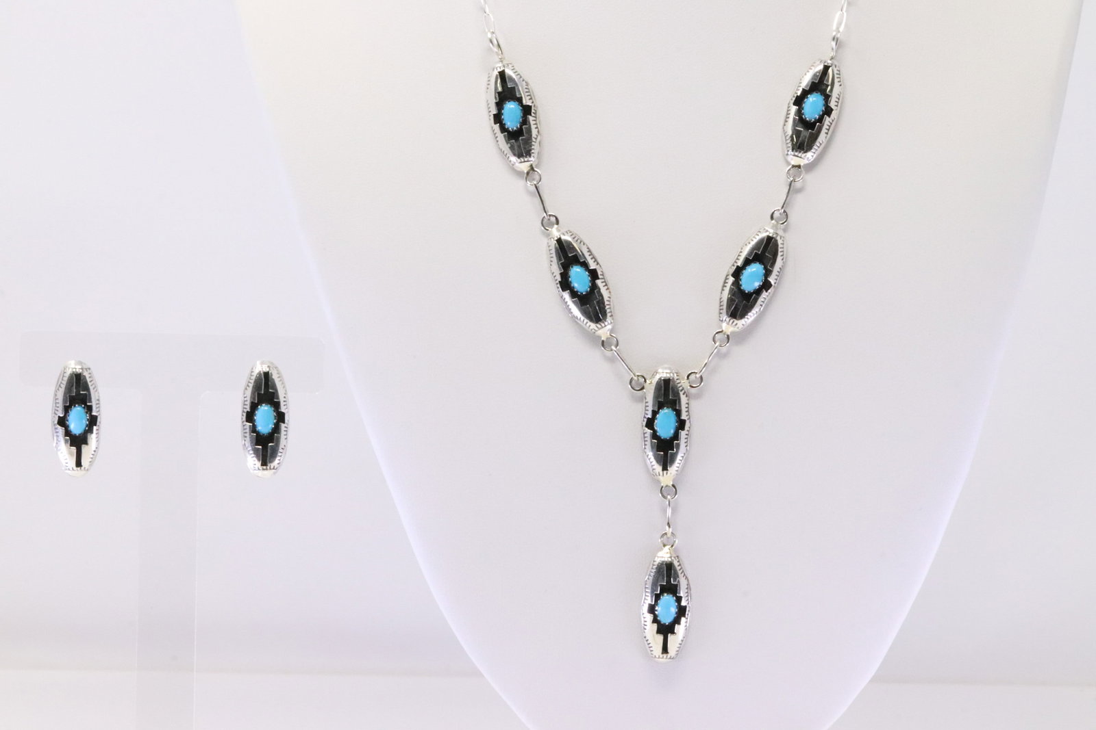 Native American Navajo Sterling Silver Turquoise Necklace & Earring's Set By Felix Perry. (1 of 5)