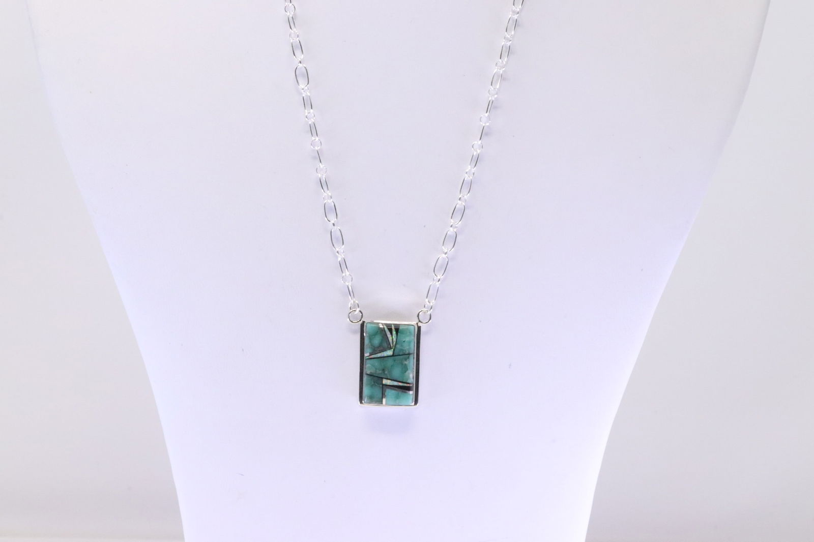 Native America Navajo Sterling Silver Turquoise Inlay Necklace By Michelle Willie.: This is a Native America Navajo Sterling Silver Turquoise Inlay Necklace By Michelle Willie. Necklace length: 18.00"