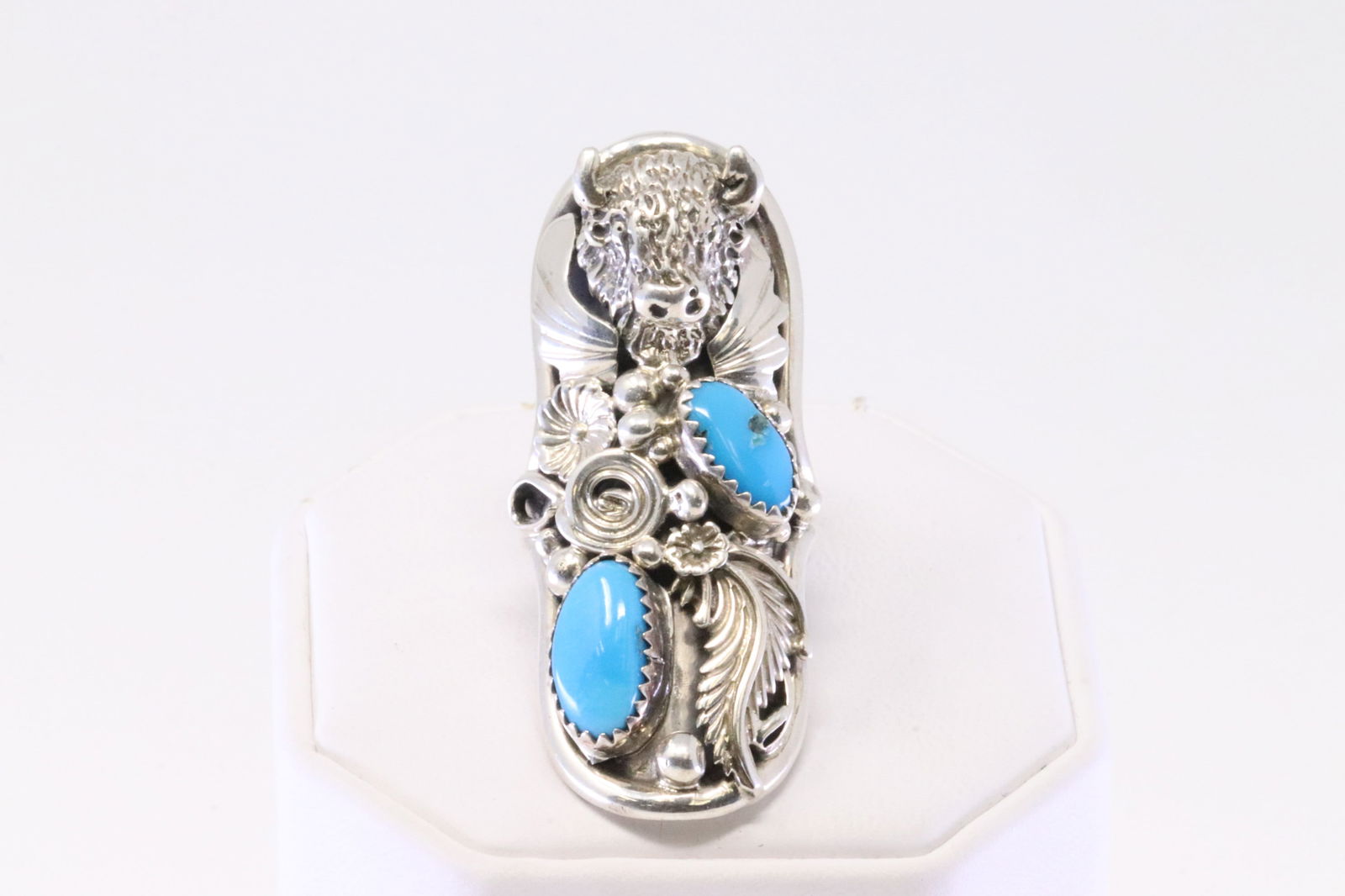 Native America Navajo Sterling Silver Turquoise Buffalo Head Ring By R.B. (1 of 4)