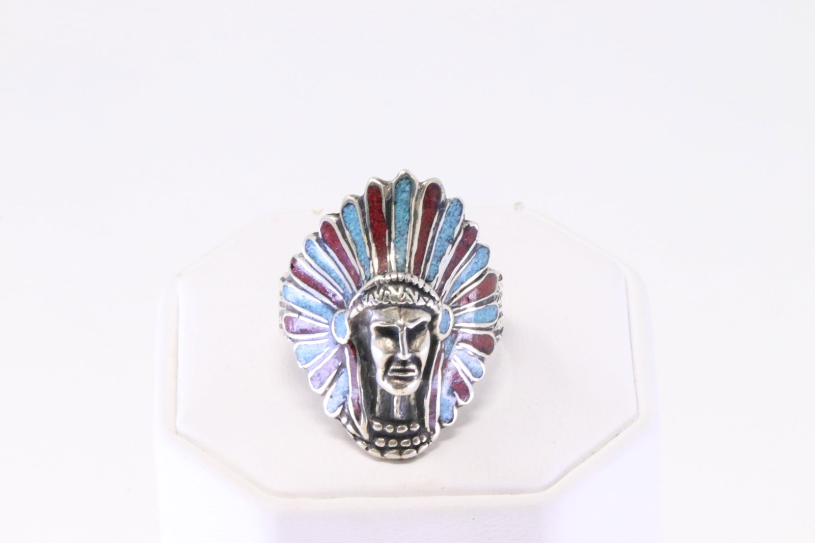 None Native America Navajo Sterling Silver Coral & Turquoise Indian Chief Head Men Ring. (1 of 4)